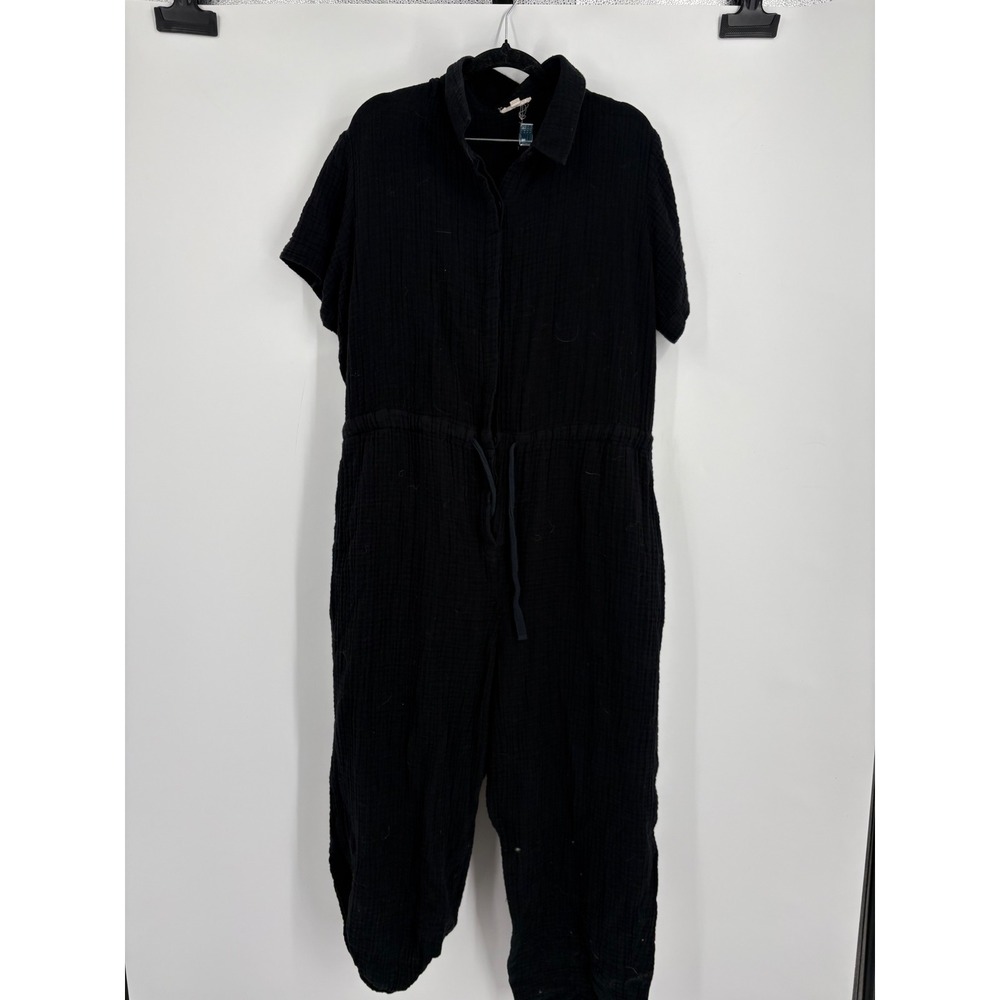 Eileen Fisher Black Organic Cotton Gauze Button Front Drawstring Jumpsuit XL